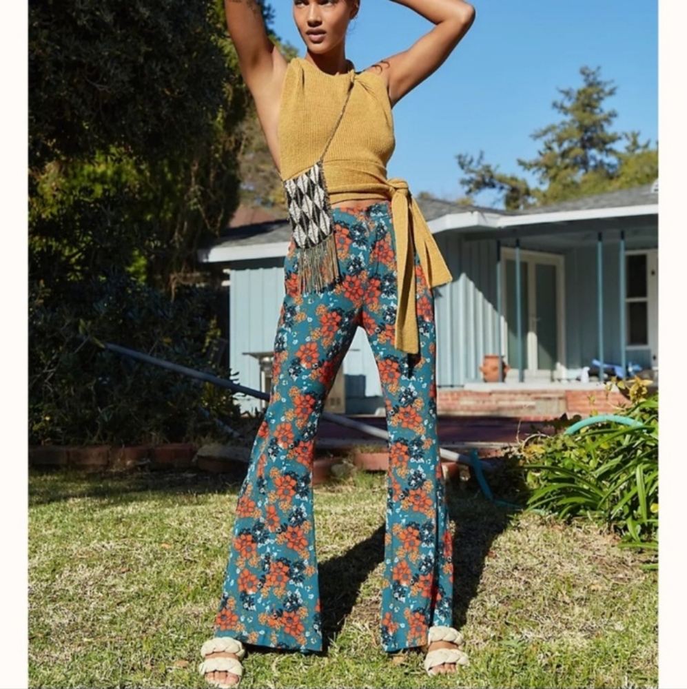 Free People Floral Flare Pant Size Medium Can't Take My Eyes Off Of You Orange